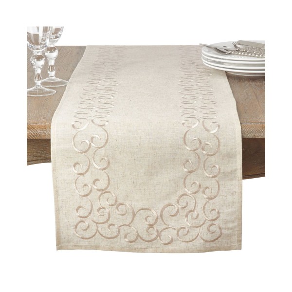 Embroidered Swirl Design Linen Blend Runner