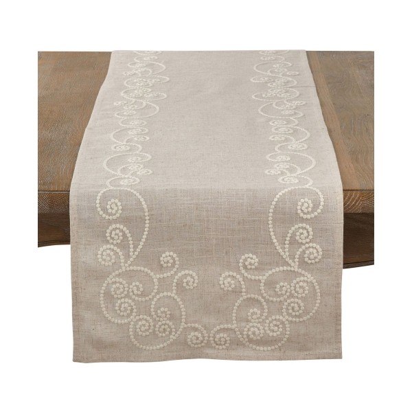 Embroidered Swirl Design Natural Linen Blend Table Runner