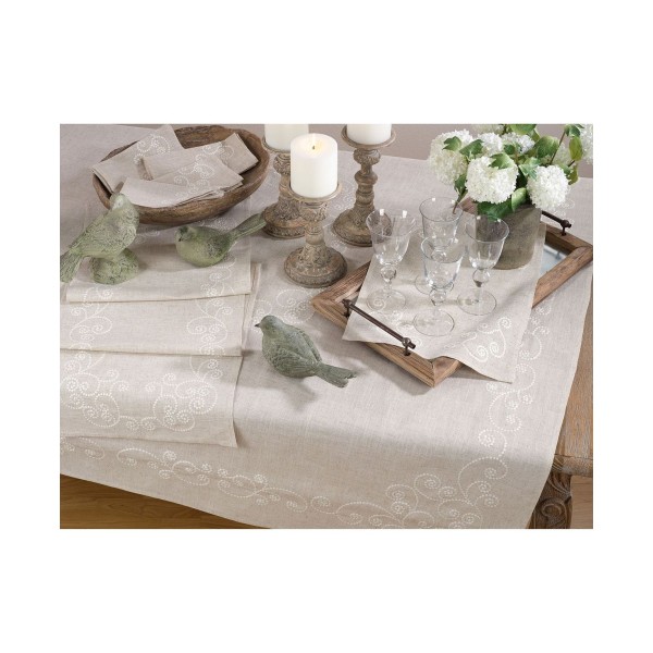 Embroidered Swirl Design Natural Linen Blend Table Runner