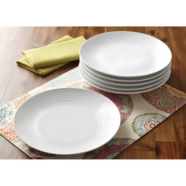 Round Porcelain Ribbed Dinner Plates, White, Set of 12