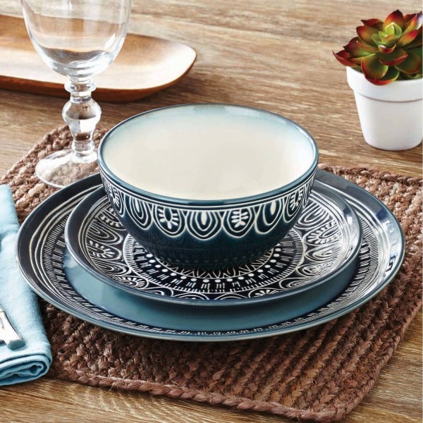 Teal Medallion 12-Piece Stoneware Dinnerware Set