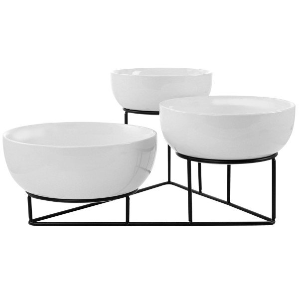 4 Piece Bowl Set with Metal Rack, White